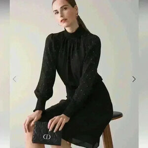 WHBM Long Sleeve Blouson Dress Mock Turtleneck Rhinestone Flounce Tier Skirt XS